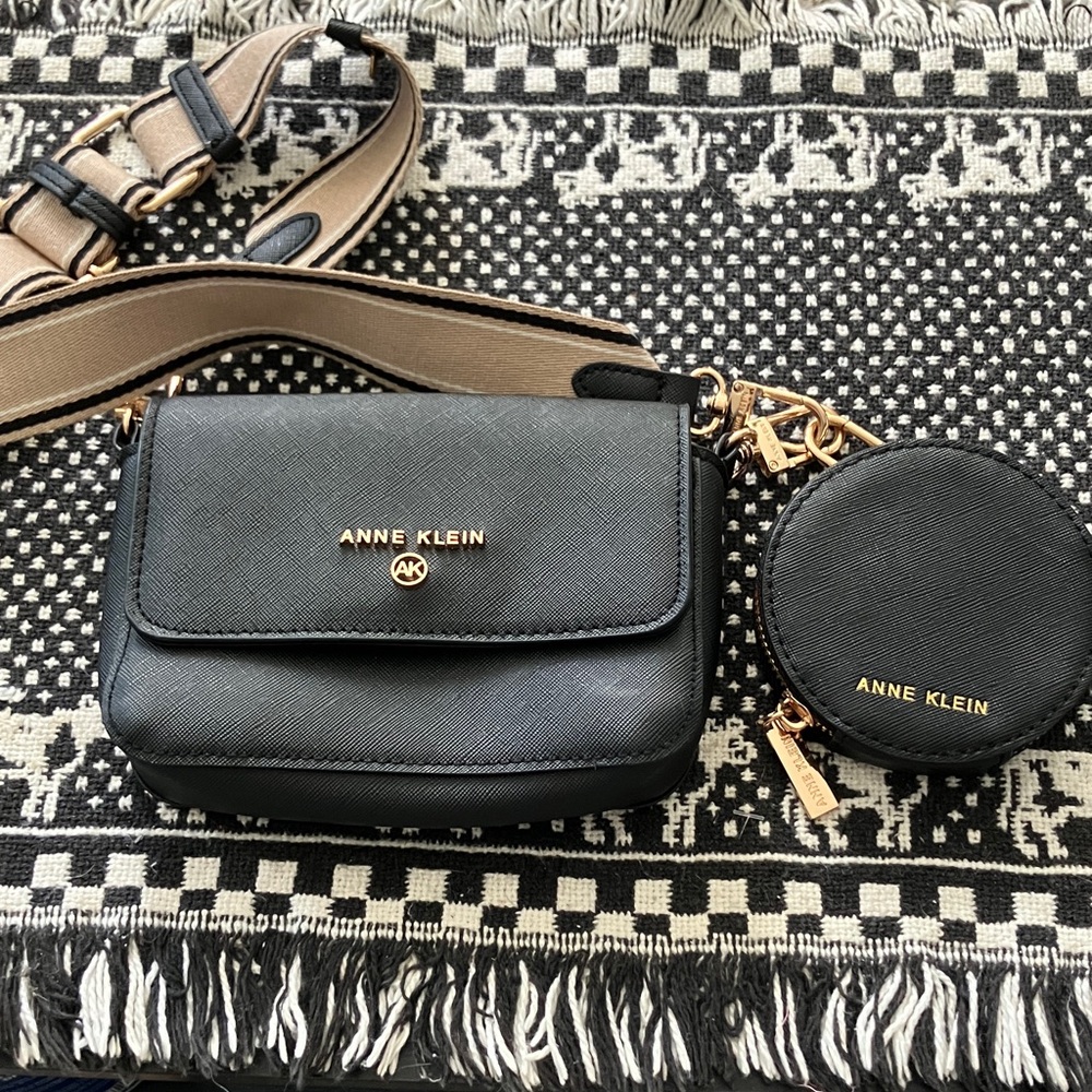 Anne Klein Black and Tan Crossbody Bag with Coin Pouch